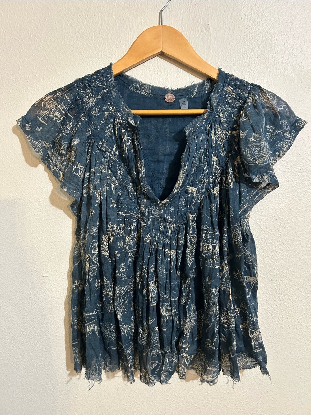 Free People One Blue Gauze Flutter-Sleeve Women's Top FP One Size Small Boho